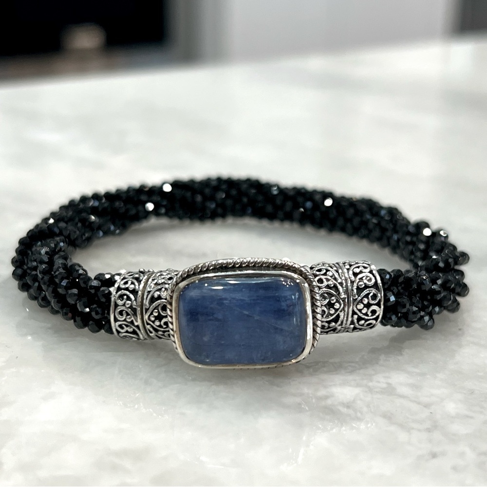 Brazilian Kyanite Thai Black Spinel Twisted Beaded Sterling Silver Brace…
